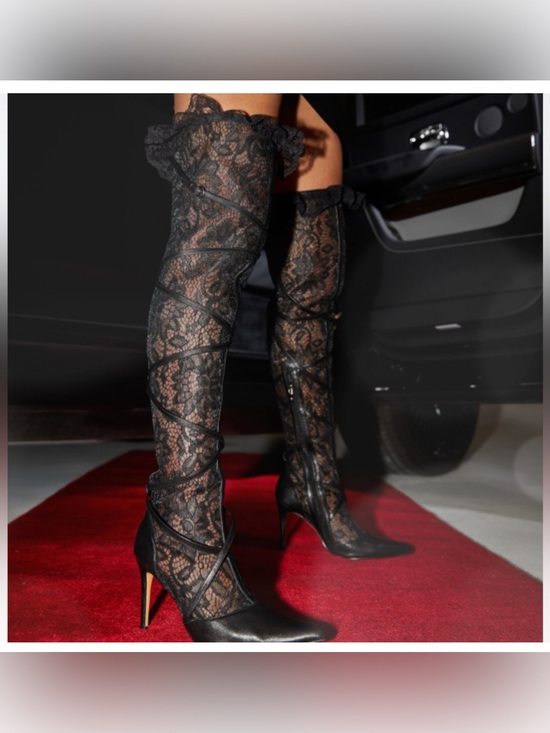Lemonade Shoes - Lemonade dark romantic whimsigoth lace thigh high boots Black pointed toe